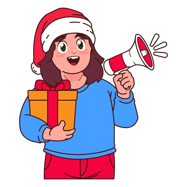 Vector a girl in a santa hat holding a gift box and megaphone