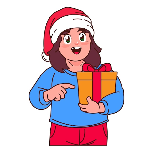 Vector a girl in a santa hat holding a gift box