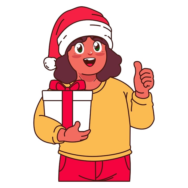 Vector a girl in a santa hat holding a gift box