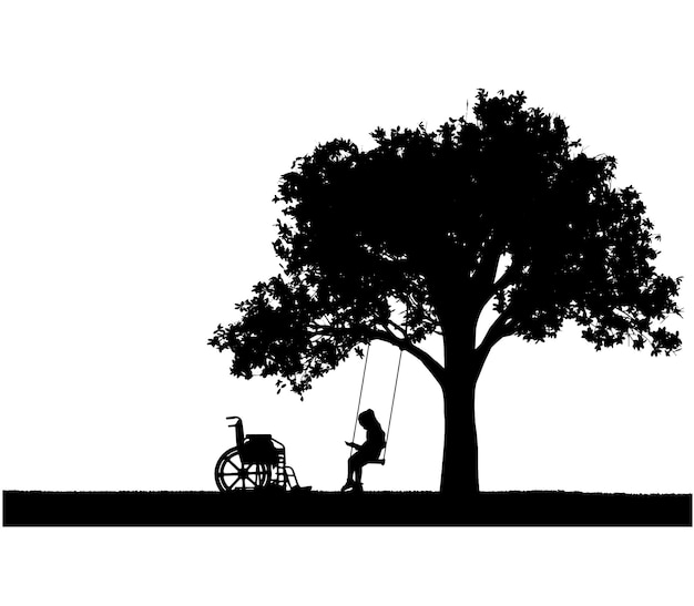 Девушка-школьница-инвалид сидит на качелях и читает книгу рядом с инвалидной коляской и векторным силуэтом своей собаки