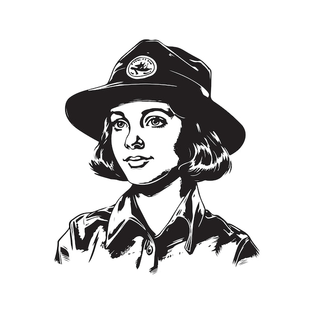 Girl scout vintage logo lijntekeningen concept zwart-witte kleur hand getekende illustratie