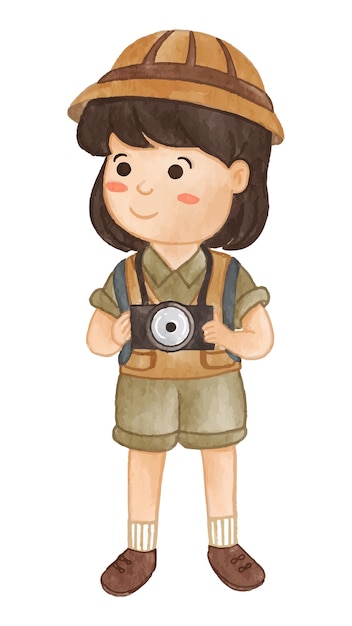 Vettore ragazza scout con tuta da escursionismo tenere la fotocamera vernice ad acquerello realistica con carta testurizzata cartoon character design vector