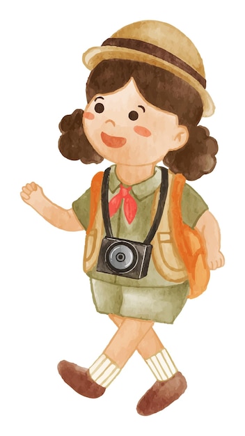 Vettore ragazza scout con tuta da escursionismo tenere la fotocamera vernice ad acquerello realistica con carta testurizzata cartoon character design vector