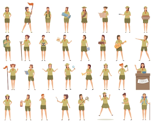 Girl scouts icons set cartoon vector Adventure outfit