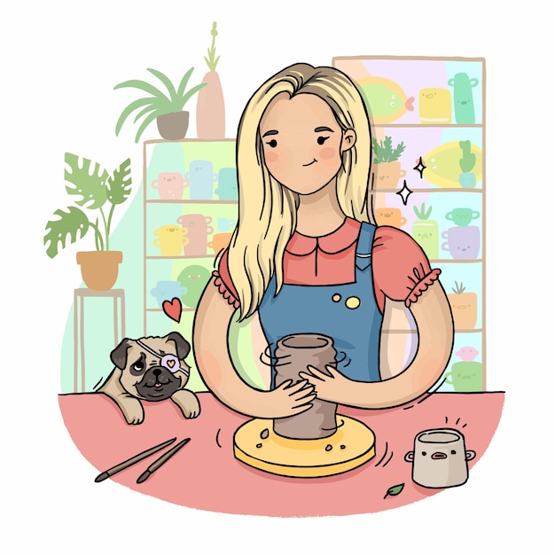 Girl sculpts from clay on a potter's wheel with a pug