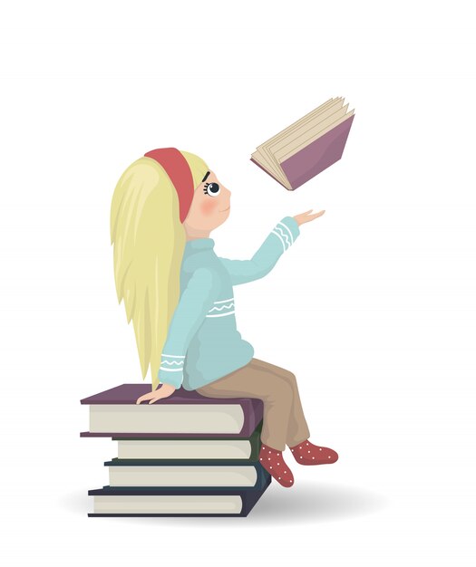 Girl seating on a bunch of books