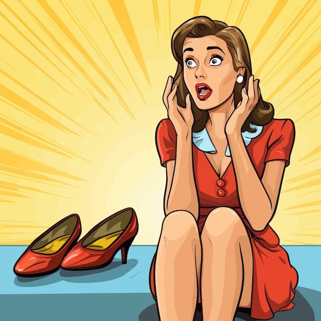 Girl sees women shoes Surprised reaction Pop art style cartoon vector illustration