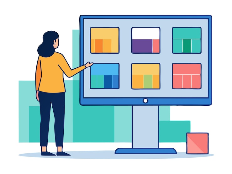 Vector girl selected box on computer monitor modern technologies and services ui elements illustration