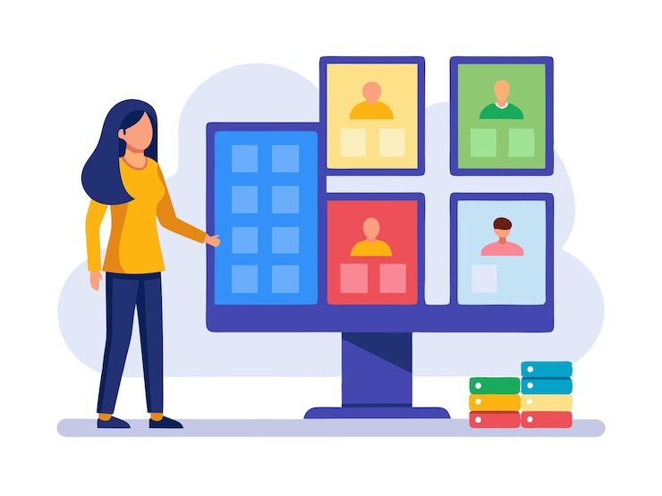 Vector girl selected box on computer monitor modern technologies and services ui elements illustration