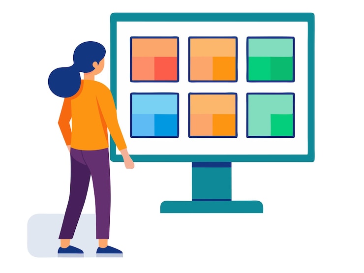 Vector girl selected box on computer monitor modern technologies and services ui elements illustration