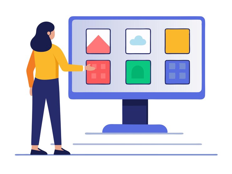 Vector girl selected box on computer monitor modern technologies and services ui elements illustration