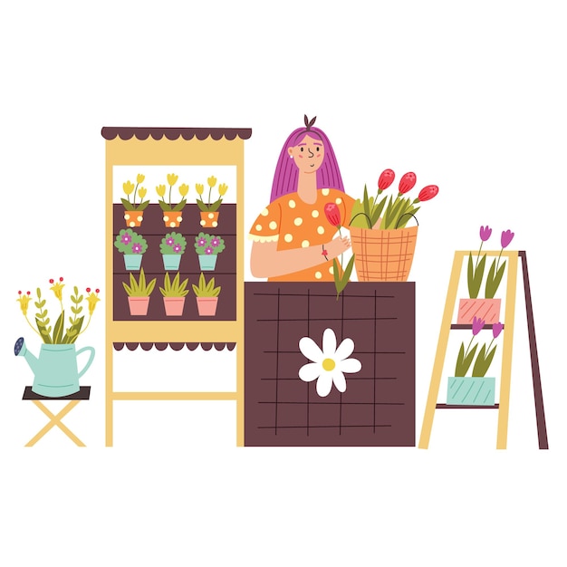 Vector a girl sells flowers at stall counters. modern vector flat illustration in cartoon style