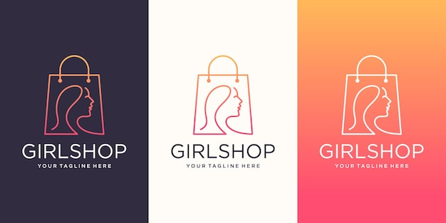 Girl Shop 로고 디자인 템플릿, 헤드 여성과 결합된 가방.