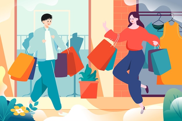 Girl shopping in mall 618 mid year event promotion background vector illustration