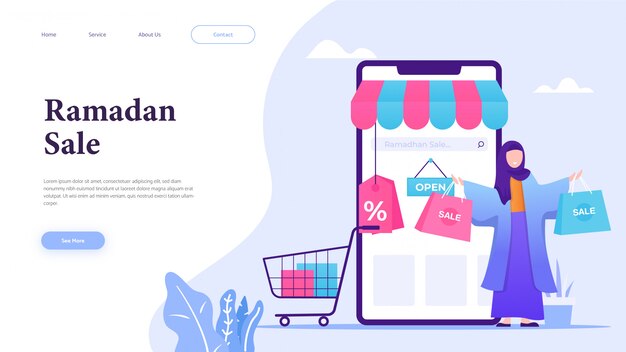 Vector girl shopping in ramadan sale with landing page concept