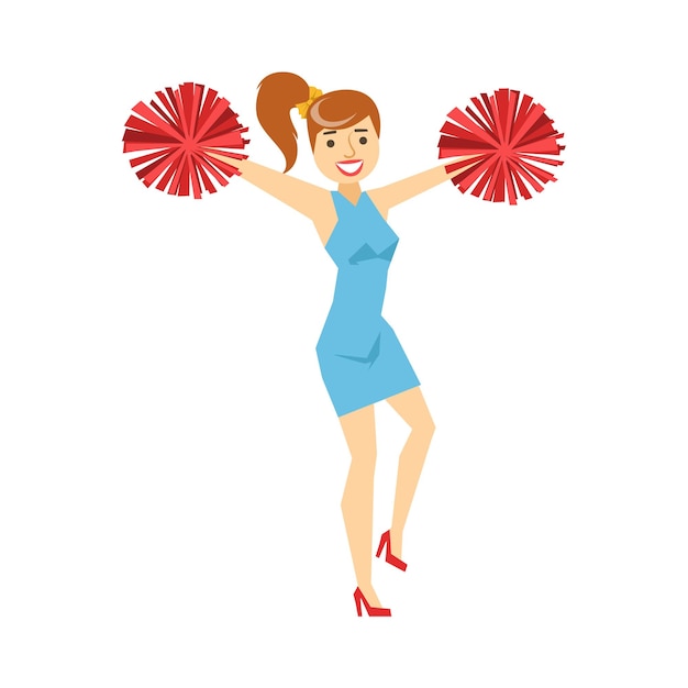 Vector girl in short blue dress dancing with cheerleading pompoms part of funny drunk people having fun at the party series