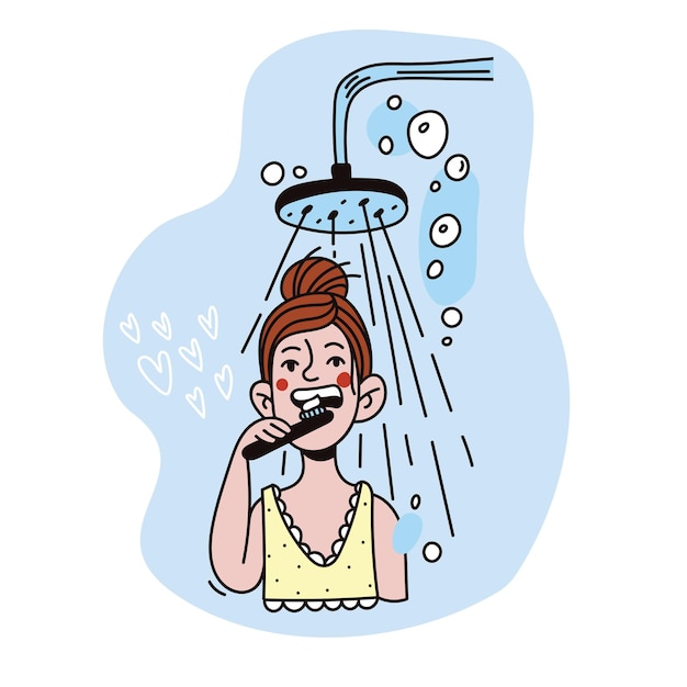 Girl under the shower brushing teeth everyday morning routine doodle illustration