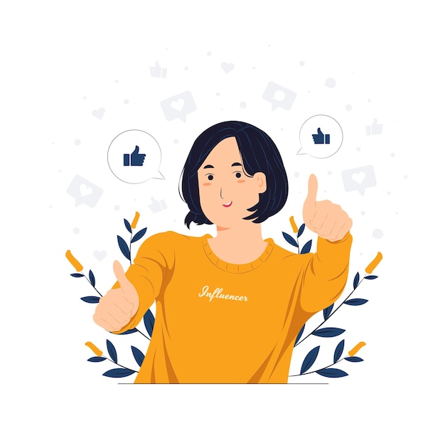 Vector girl showing like sign, feedback, public approval, joy, success, approval, happiness, and thumbs up symbol concept illustrations