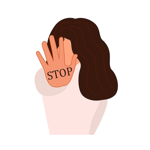 Vector girl showing stop gesture sign with palm of the hand prohibition symbol emotion and body language concept vector illustration