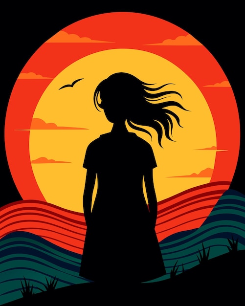 a girl silhouette standing in the grass with the sunset behind her
