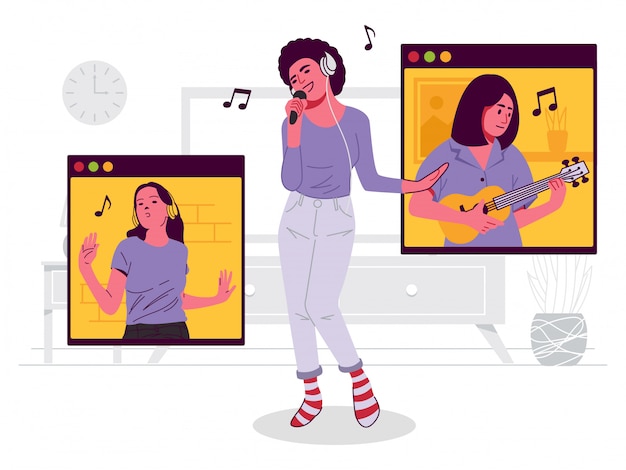 Girl singing online concert   illustration