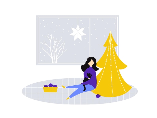 La ragazza si siede e tiene un gatto parzialmente decorato albero di natale illustrazione della scena invernale accogliente della stanza