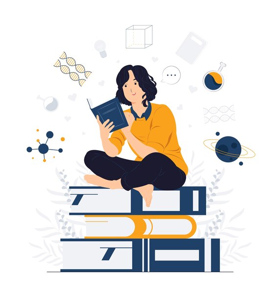 Vector girl sit and reading book concept illustration