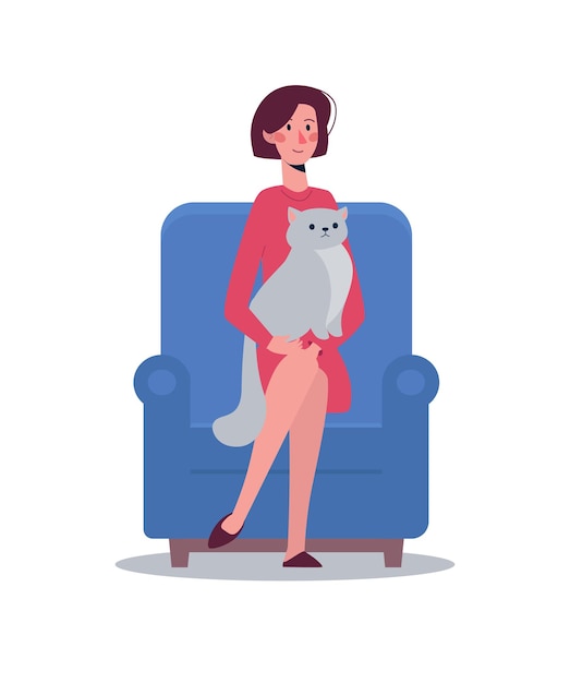 The girl sits on an armchair and holds a gray cat