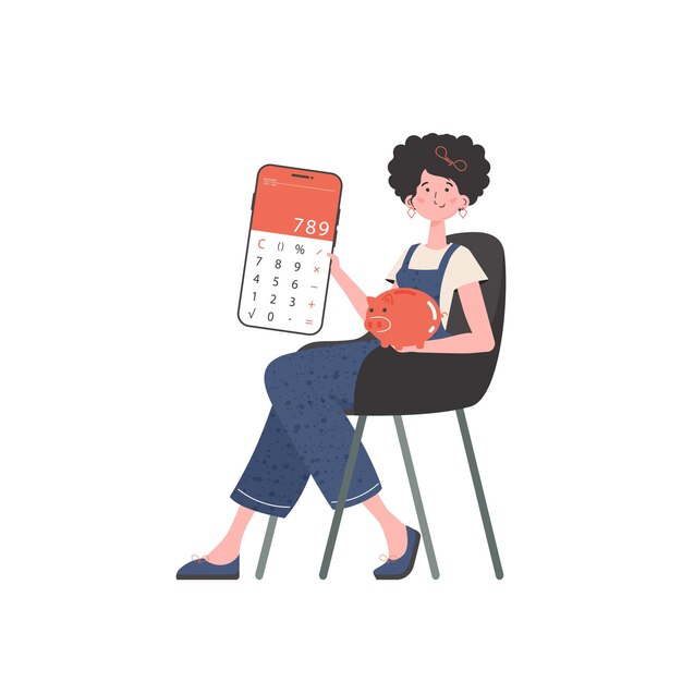 The girl sits in a chair and holds a calculator and a piggy bank in her hands isolated on white background trend style vector illustration