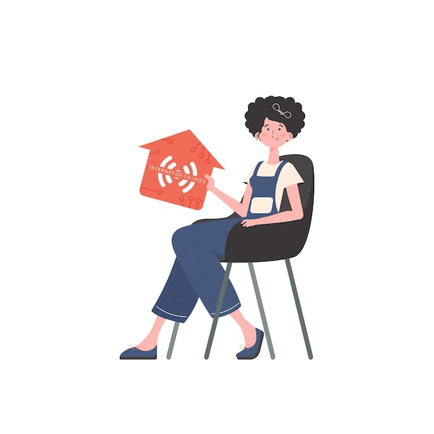 The girl sits in a chair and holds an icon of a house in her hands IoT concept Isolated Vector illustration in flat style