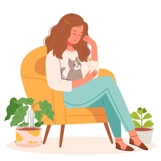 A girl sits in a chair with a catCozy interior with plants
