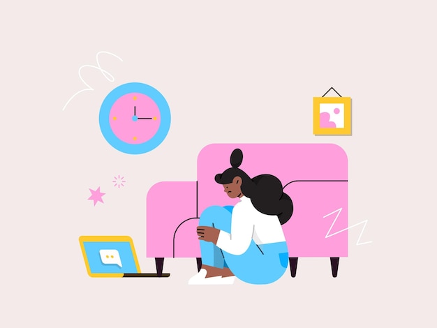 Vector a girl sits on a couch and looks at a laptop