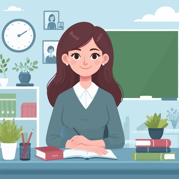 a girl sits at a desk with a book and a clock behind her