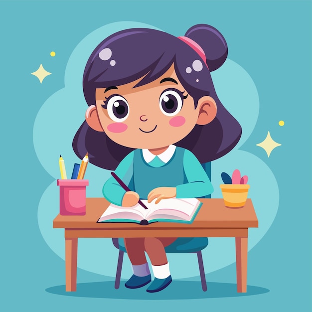 a girl sits at a desk with a book titled quot a little girl is reading quot