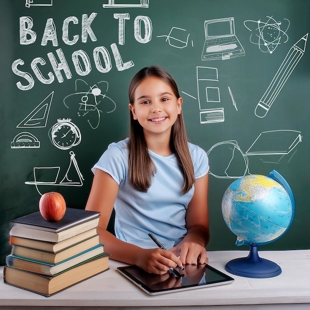 a girl sits in front of a chalkboard with a chalkboard behind her