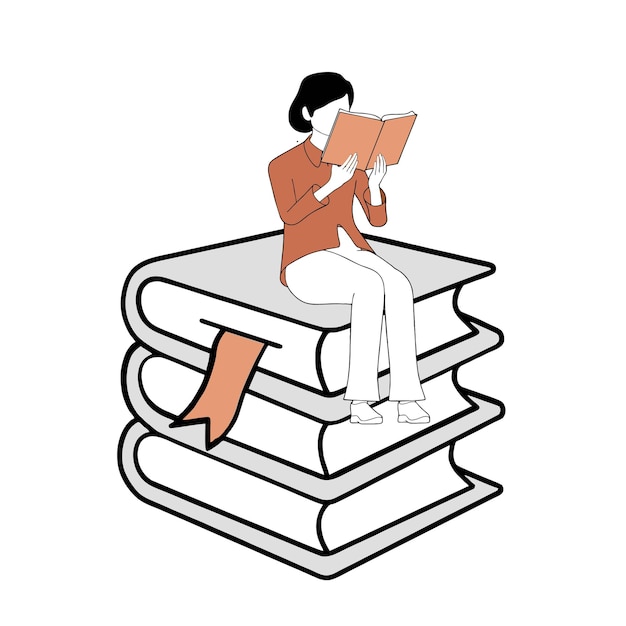 A girl sits on a huge stack of books and reads literature