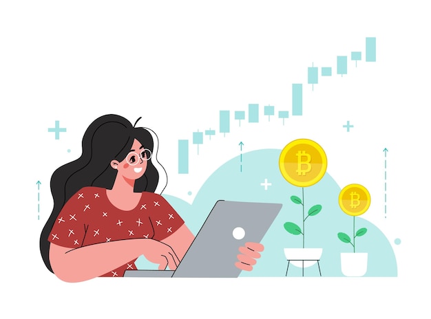 The girl sits at the laptop The woman invest in bitcoin stock market Young generation