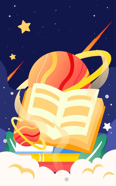 소녀는 책에 앉아 배경 벡터 삽화에서 우주의 별이 빛나는 하늘과 함께 읽습니다.