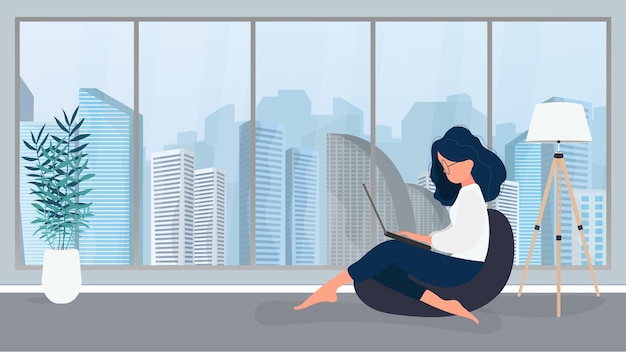 The girl sits on an ottoman and works at a laptop. a woman with a laptop sits on a large pouf. the concept of comfortable work in the office or at home. vector.