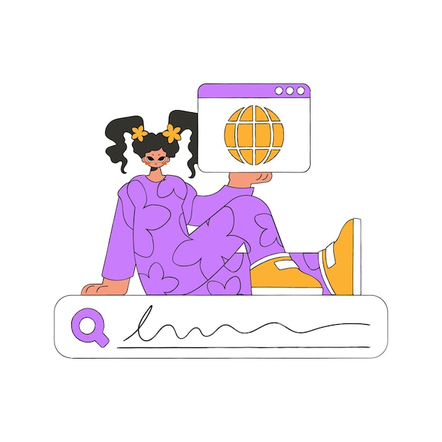 検索ラインに座ってブラウザのウィンドウを手に持っている女の子インターネットで必要な情報を検索します 線形レトロスタイルのキャラクター