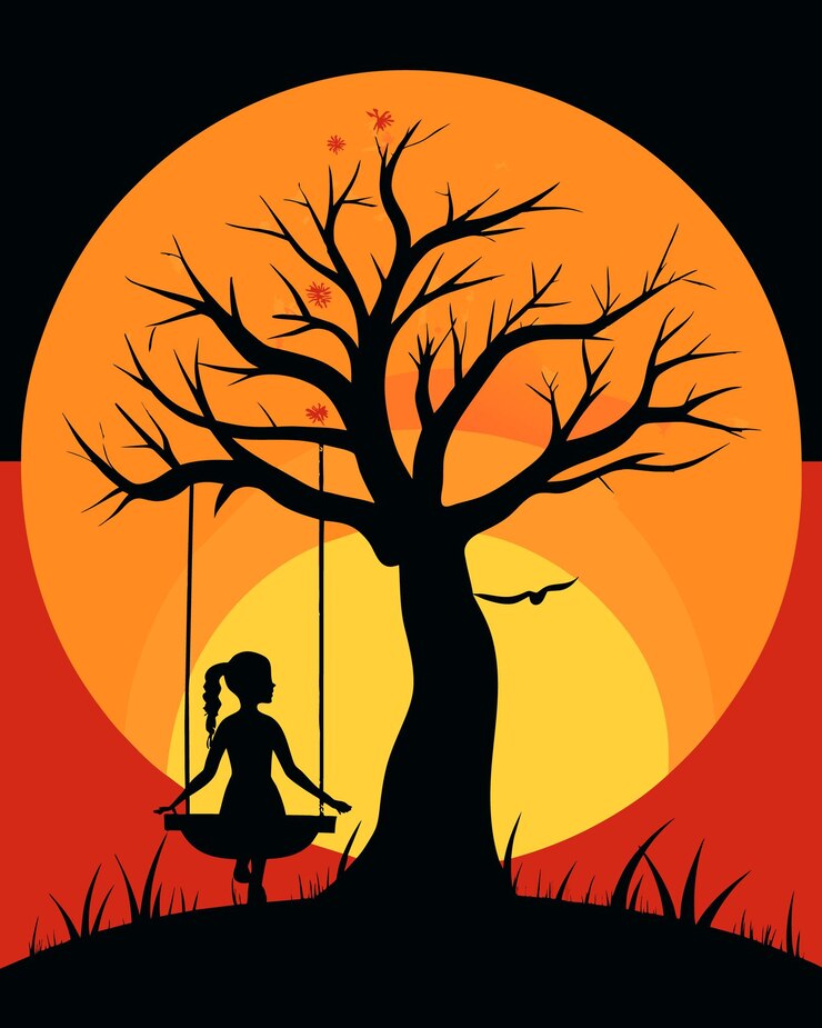 Vector a girl sits on a swing under a tree with the sunset