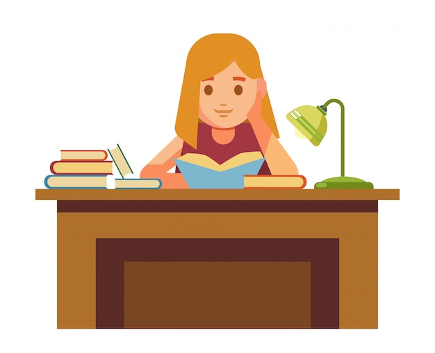 Vector girl sits at table with books and reads