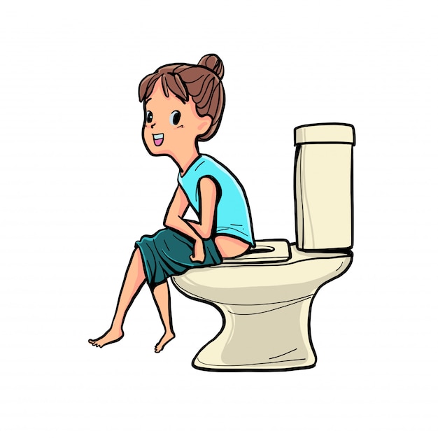 The girl sits on toilet in the morning.