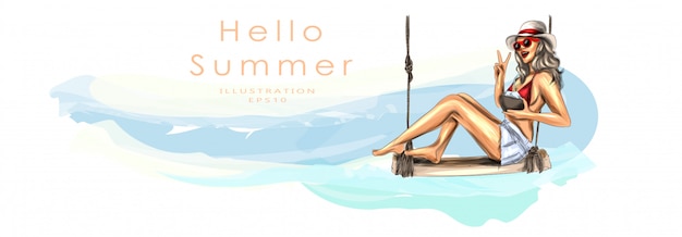 Vector a girl sits on a wooden couch and drinks a coconut cocktail. tanned beautiful girl in a swimsuit. beach vacation and vacation concept. summer, sunny beach, sea breeze. vector illustration.