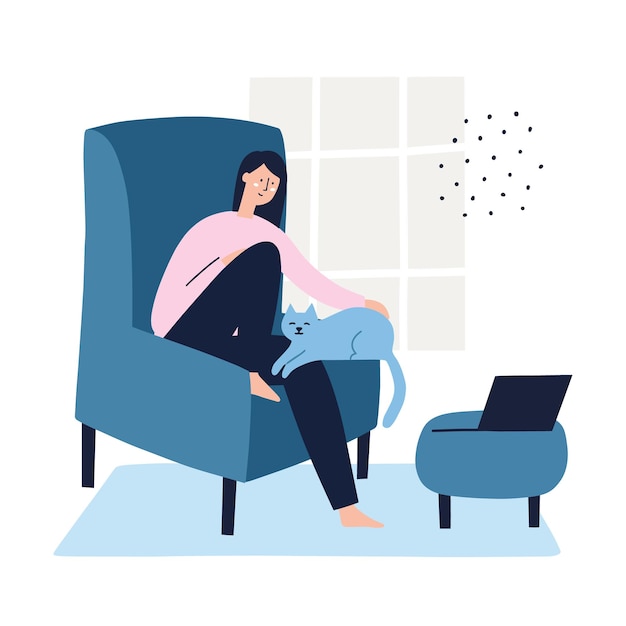 Vector girl sitting in an armchair with a cat on her arms and a laptop infront of her. freelance, work at home concept. hand drawn flat vector illustration.