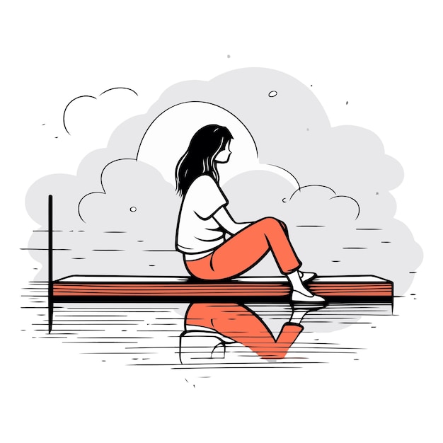Девушка сидит на скамейке в плоском стиле