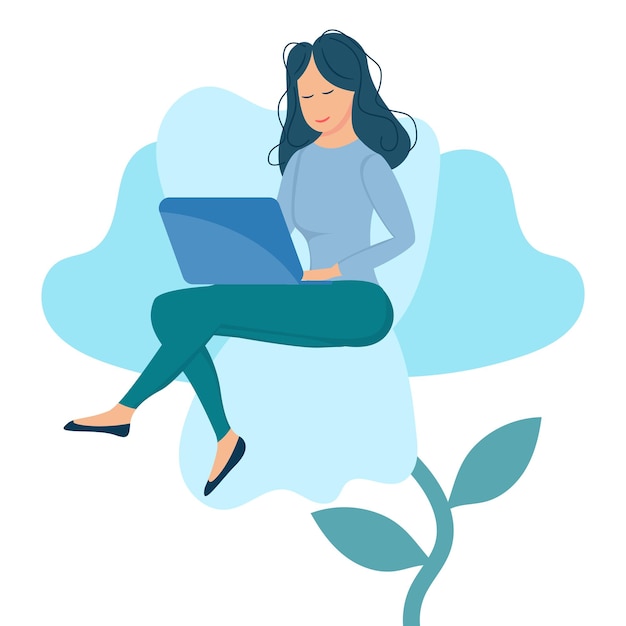 Vector girl sitting on blue flower set