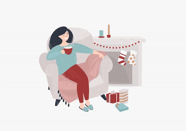 Vector girl sitting on a chair in a cozy christmas setting