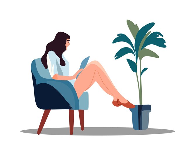 Vector girl sitting in chair near indoor plant vector illustration