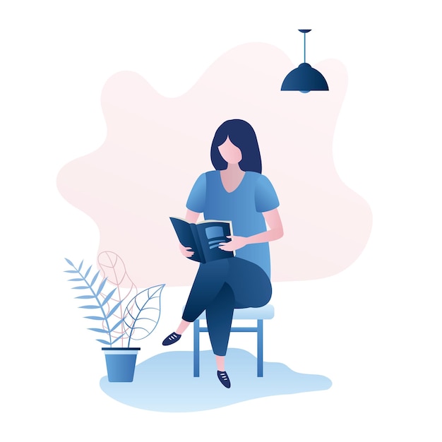 Girl sitting on chair and read book or magazine female character learning trendy style vector